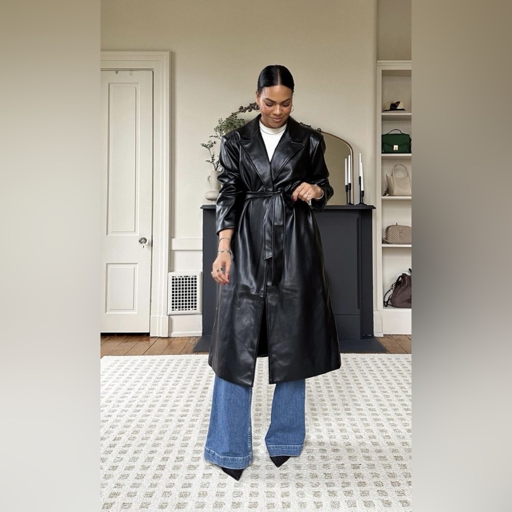 Vintage Black Leather Women's Tie Front Trench Coat